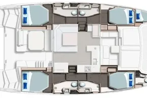 Floor plan of a 2022 Leopard 45 catamaran, featuring cabins and bathrooms.