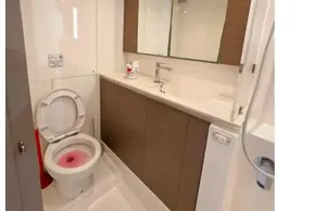 Modern yacht bathroom with toilet, sink, and mirror in a 2021 Leopard 50 model.