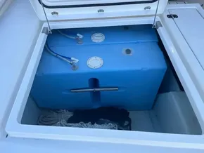 Leopard 45 yacht storage compartment with blue water tank, 2019 model.