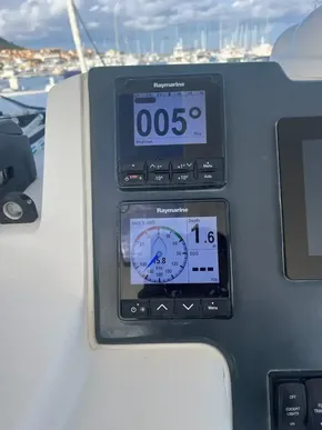 Raymarine navigation displays on 2019 Leopard 45 yacht, showing compass and speed data.