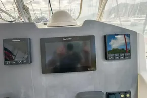 Control panel of a 2019 Leopard 50 yacht with Raymarine displays.