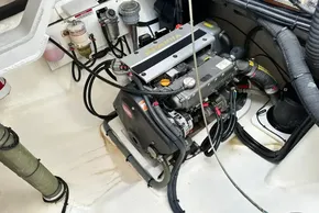 Engine compartment of a 2021 Leopard 50 yacht, featuring a Yanmar engine.