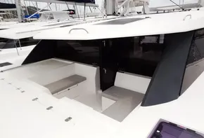 Leopard 50 catamaran 2020 model, spacious cockpit seating area, modern design.