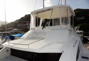2017 Leopard 43 Powercat yacht docked at marina, rear view.