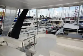 View from the deck of a 2018 Leopard 43 Powercat in a marina.