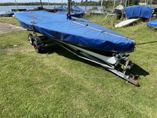 Tasar sailing dinghy with launching trolley and road trailer