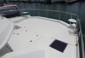 2020 Leopard 43 Powercat yacht deck with marina background.
