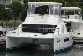 2020 Leopard 43 Powercat docked at marina, front view.