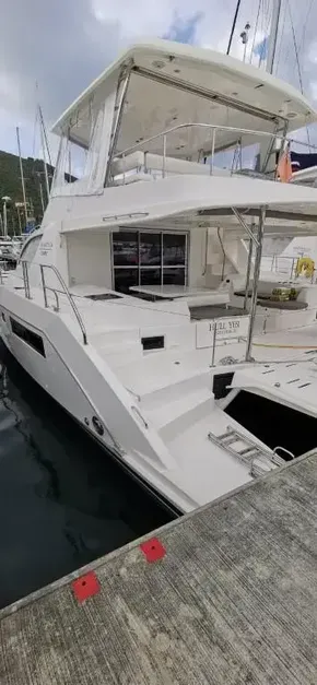 2019 Leopard 51 Powercat docked at a marina.