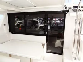 Leopard 40 catamaran interior with sliding glass doors, showcasing modern design, 2021 model.