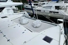 Leopard 50 yacht, 2021 model, docked with netted deck and bean bags.