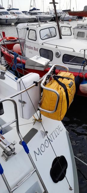 Liferaft, Push pit mounted BBQ and newly fitted opening transom window for those hot UK evenings