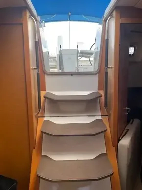 Staircase inside 2017 Jeanneau Sun Odyssey 519 sailboat.