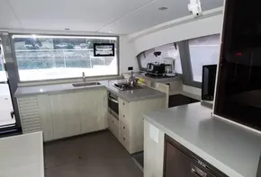Modern kitchen interior of 2018 Leopard 43 Powercat yacht with appliances and ample counter space.