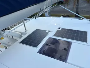 Rooftop of 2019 Leopard 40 catamaran with solar panels and hatch.