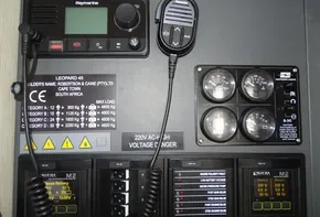 Control panel of a 2017 Leopard 45 yacht with gauges and communication equipment.