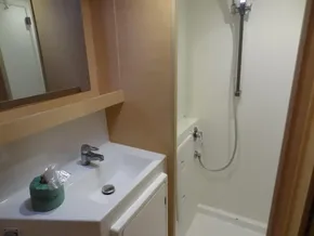 Lagoon 42 2020 model yacht bathroom with sink and shower.
