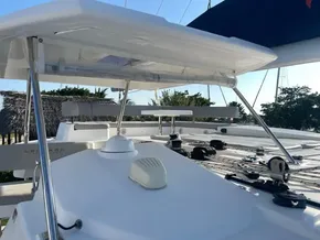 Leopard 45 catamaran deck, 2021 model, featuring sleek design and modern sailing equipment.