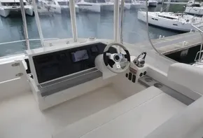 Helm station of 2020 Leopard 43 Powercat with modern navigation equipment.