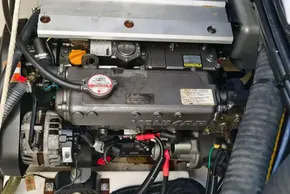 Engine of a 2021 Leopard 50 yacht, showcasing detailed mechanical components.