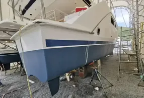 2015 Leopard 51 Powercat undergoing maintenance in a boatyard.