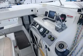 Leopard 40 yacht cockpit with steering wheel and control panel, 2021 model.