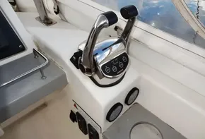 Control panel of a 2018 Leopard 43 Powercat boat with throttle levers.