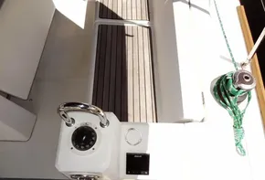 Cockpit of 2017 Beneteau Oceanis 38 sailboat with compass and winch.