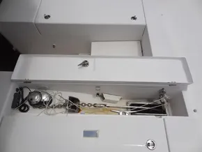 Anchor locker of a 2020 Leopard 43 Powercat with chain and windlass.