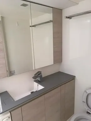 Modern bathroom with wooden cabinets, mirror, and sleek faucet in a Leopard 50 model, 2020.