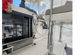 Helm station of 2020 Leopard 50 catamaran with modern steering and seating.