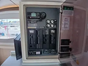 Electrical control panel inside a 2019 Leopard 45 catamaran, featuring various switches and gauges.
