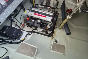 Engine compartment of a 2020 Leopard 45 catamaran with Yanmar engine.