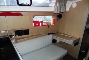 Interior of 2017 Beneteau Oceanis 41 sailboat with seating and navigation station.