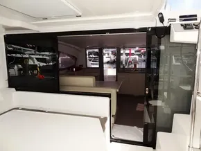 Interior view of a 2021 Leopard 40 catamaran, featuring a modern, spacious cabin.