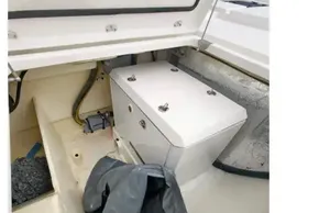 2019 Leopard 50 yacht storage compartment with equipment and cables.