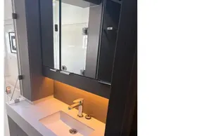 Modern bathroom sink with sleek faucet in 2025 Leopard 46 yacht.