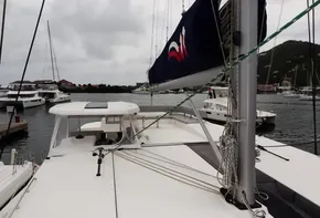 Leopard 50 catamaran docked in a marina, 2020 model.