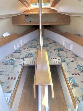 Double front berth with view of folding table