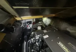 Engine room of a 2019 Leopard 51 Powercat with Yanmar engine.