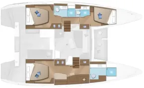 Floor plan of a 2017 Lagoon 42 catamaran, featuring cabins and bathrooms.