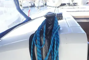 Jeanneau Sun Odyssey 440 sailboat deck with neatly coiled ropes, 2019 model.