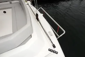 Leopard 50 yacht deck, 2020 model, docked at marina.