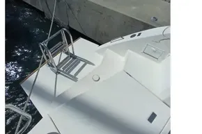 Leopard 45 catamaran docked, showing deck and ladder, 2018 model.