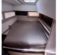 2018 Leopard 45 yacht interior cabin with bed and skylight.