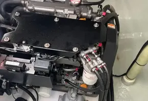 Engine compartment of a 2019 Leopard 45 yacht, showcasing mechanical components and wiring.