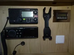 Control panel of a 2017 Beneteau Oceanis 45 yacht with radio and navigation equipment.