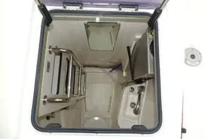 Leopard 45 yacht engine compartment with ladder and equipment, 2017 model.