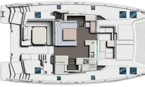 Top view of 2017 Leopard 45 catamaran interior layout.