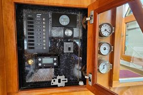 Control panel of a 2005 Stevens 1200 Vlet boat with gauges and switches.